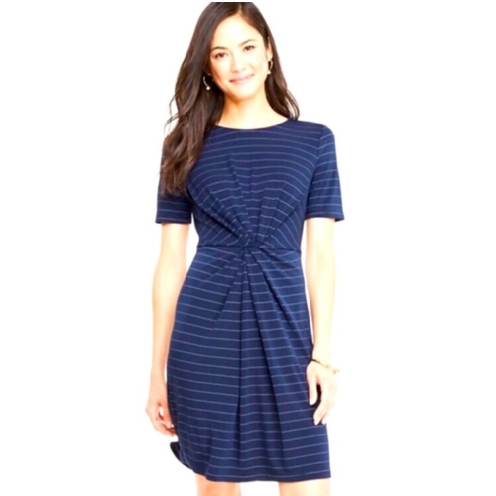 Ann Taylor Dress size Large Blue Midi Knot Front Stretch Pinstripe Short Sleeve